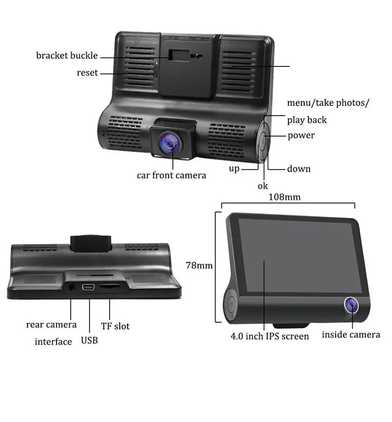 1080P Dash Cam 4 inch Display Dual Lens Dashboard Camera with Rearview Camera Wireless Night Version Driving Recorder
