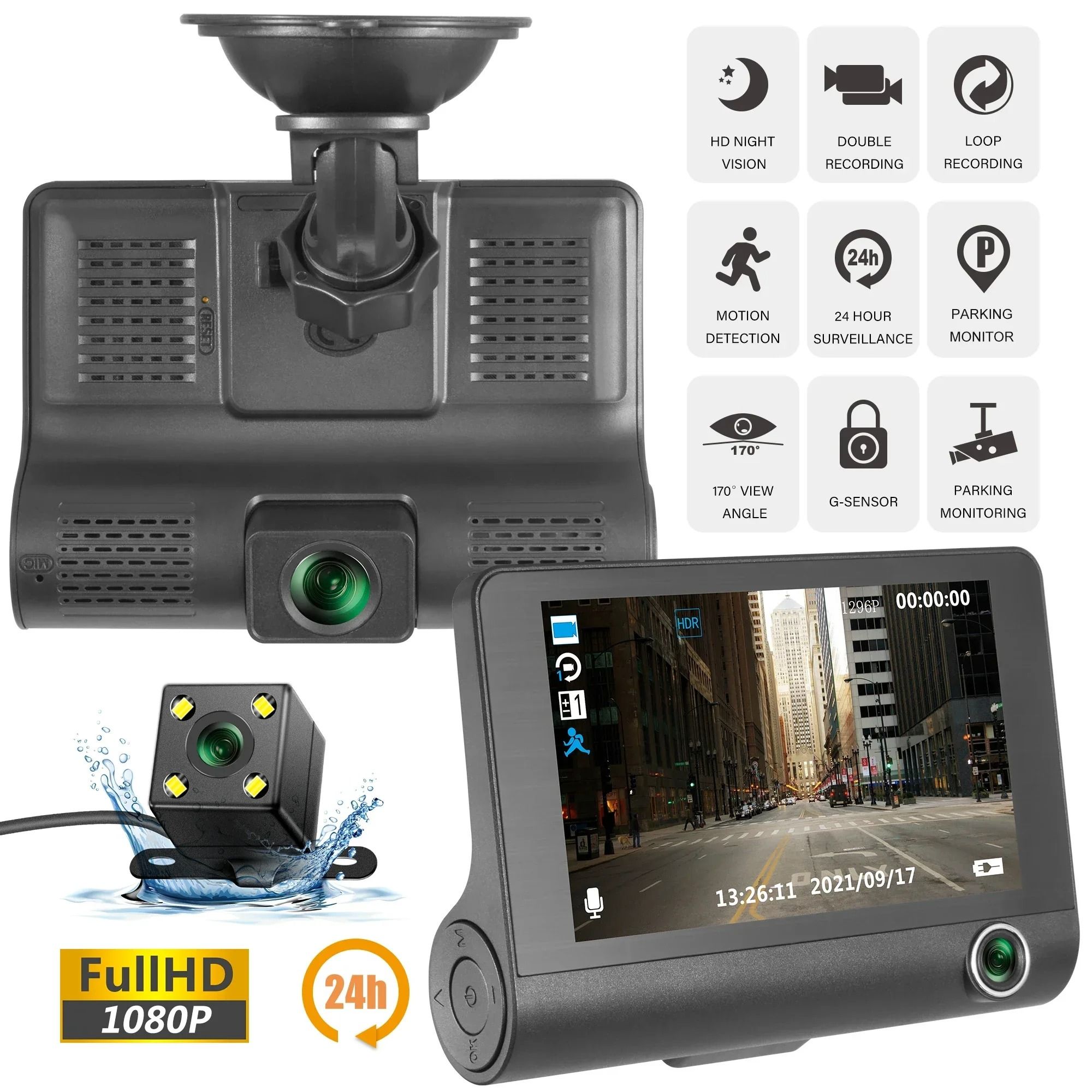 1080P Dash Cam 4 inch Display Dual Lens Dashboard Camera with Rearview Camera Wireless Night Version Driving Recorder