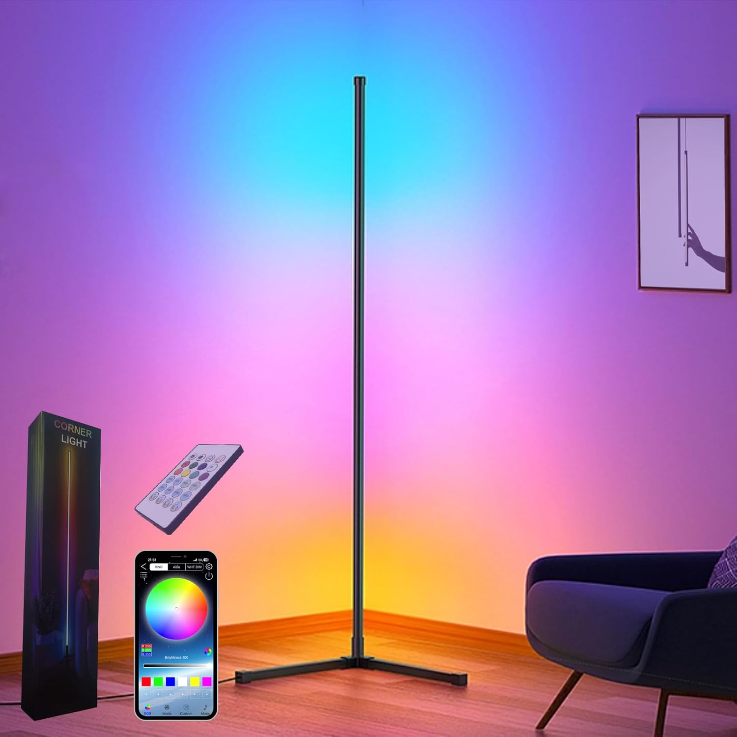 Modern RGB Corner Lamp – Smart LED Floor Light with 16 Million Colors, Remote & App Control, Mood Lighting for Bedroom, Living Room & Entertainment