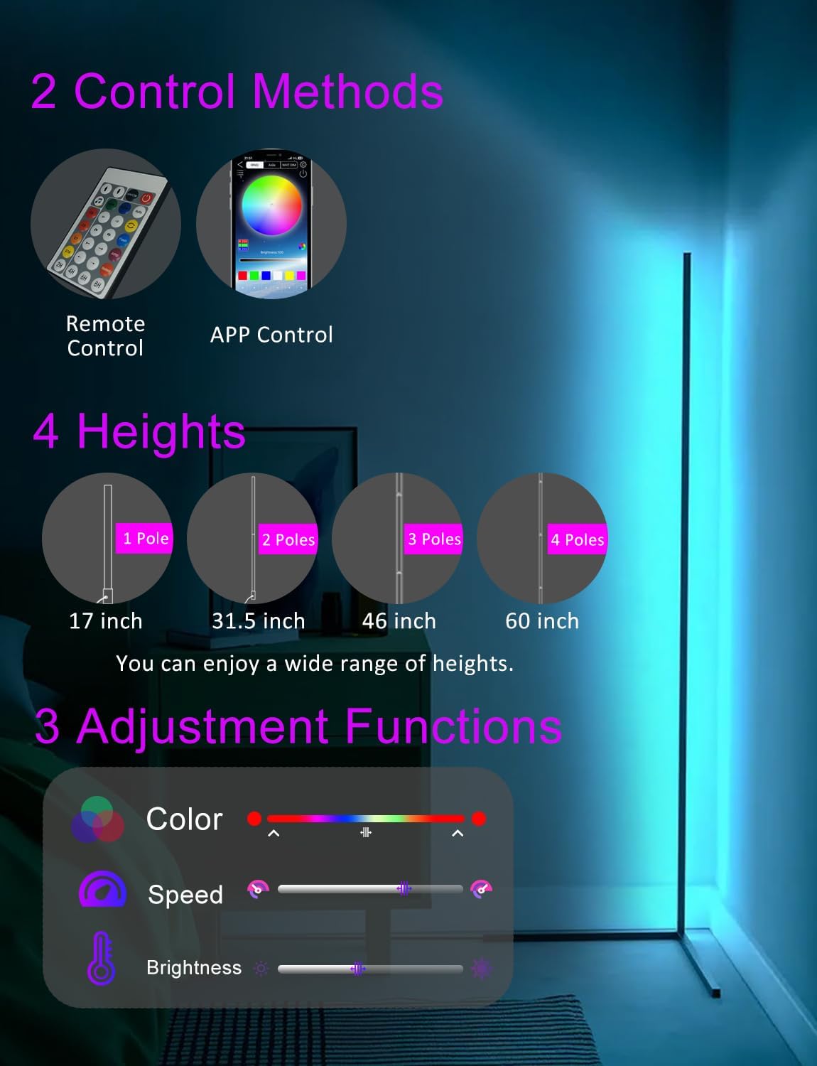 Modern RGB Corner Lamp – Smart LED Floor Light with 16 Million Colors, Remote & App Control, Mood Lighting for Bedroom, Living Room & Entertainment