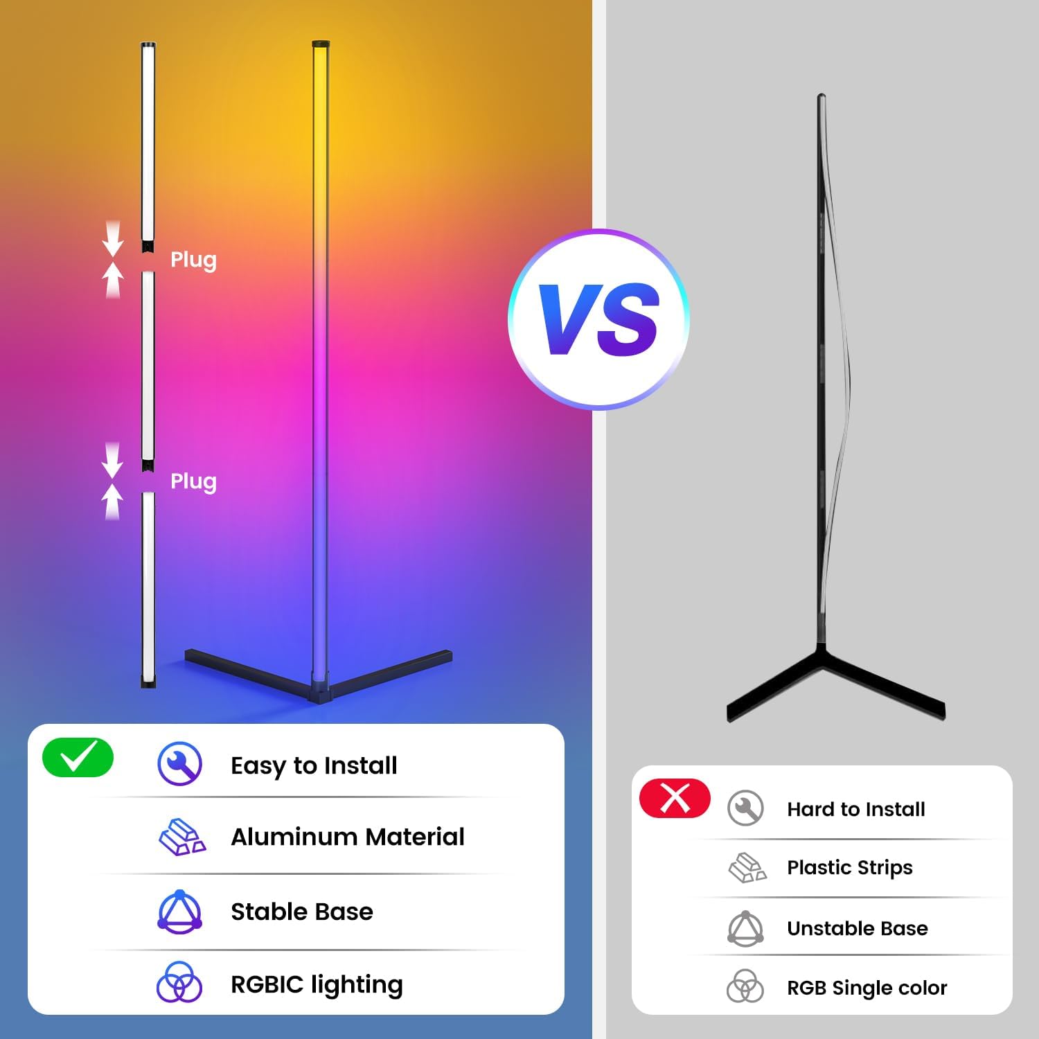 RGB LED Corner Lamp – Color Changing Standing Light with Dimmable Brightness, Remote Control & Music Sync for Living Room, Bedroom & Gaming Setup