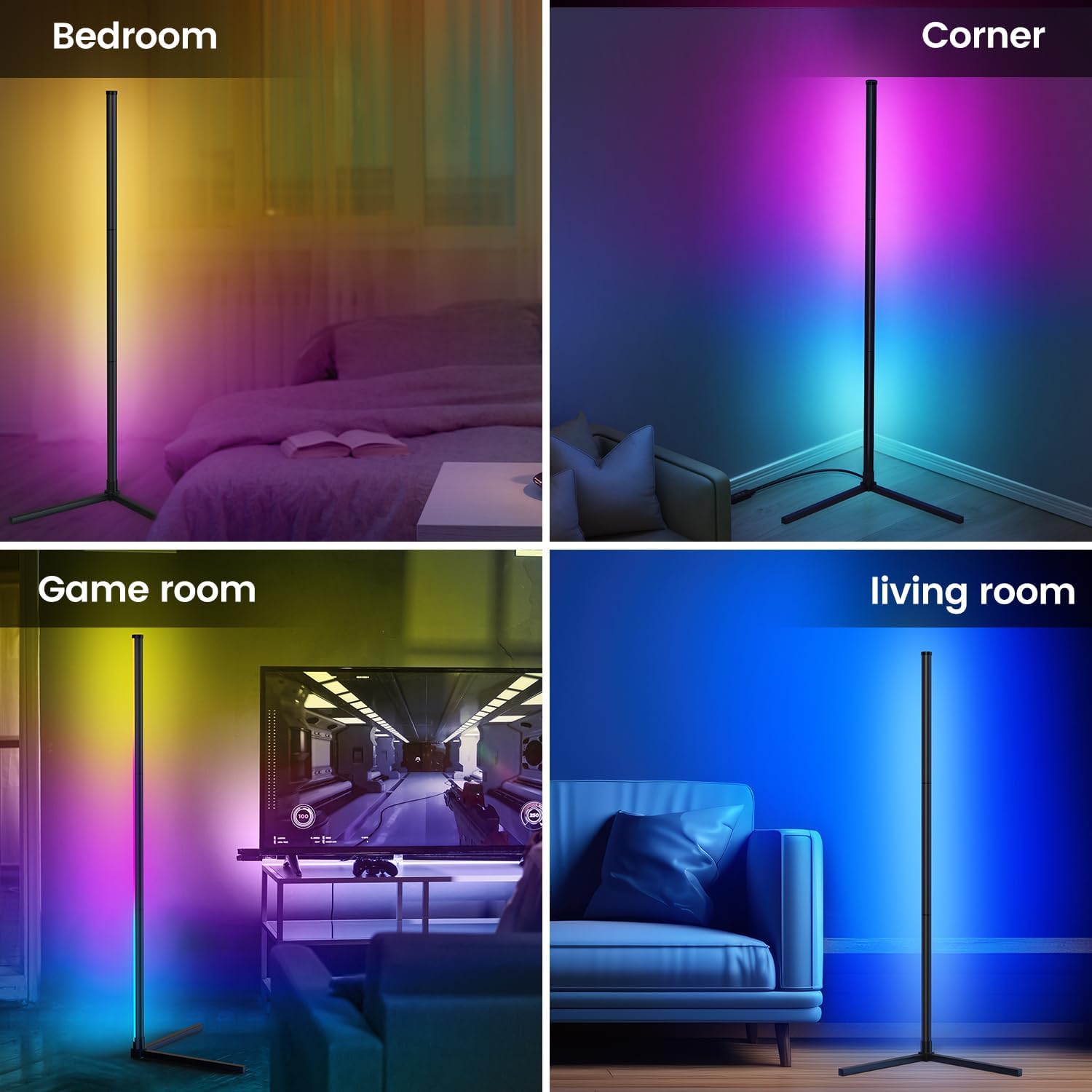 RGB LED Corner Lamp – Color Changing Standing Light with Dimmable Brightness, Remote Control & Music Sync for Living Room, Bedroom & Gaming Setup