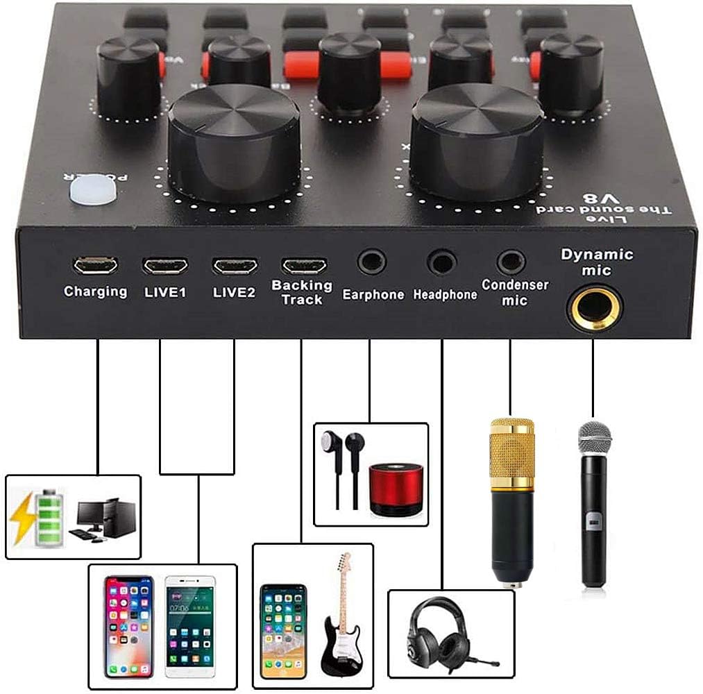 Podcast Equipment Bundle, Audio Interface with Voice Changer and BM800 Condenser Microphone, Audio Mixer BM800 Podcasting Microphone Set with V8 Mixer – Live Stream Mic
