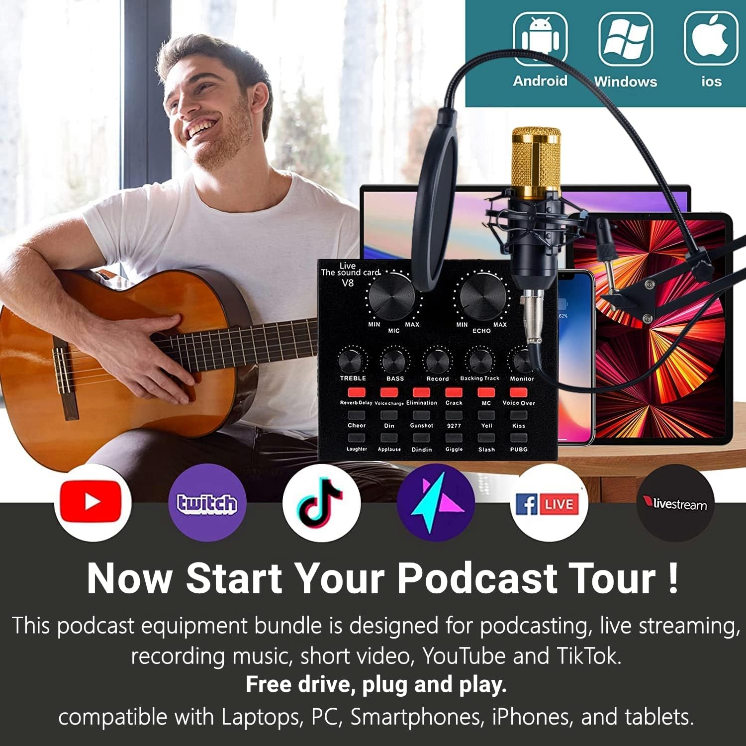 Podcast Equipment Bundle, with BM800 Podcast Microphone and V8 Sound Card, Voice Changer - Audio Interface