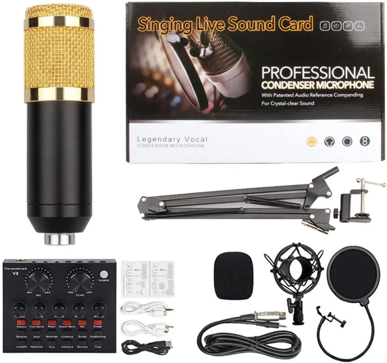 BM800 Podcast Microphone with V8 Sound Card – Studio Quality Condenser Mic for Singing, Recording, Gaming, Streaming, Karaoke & Online Shows