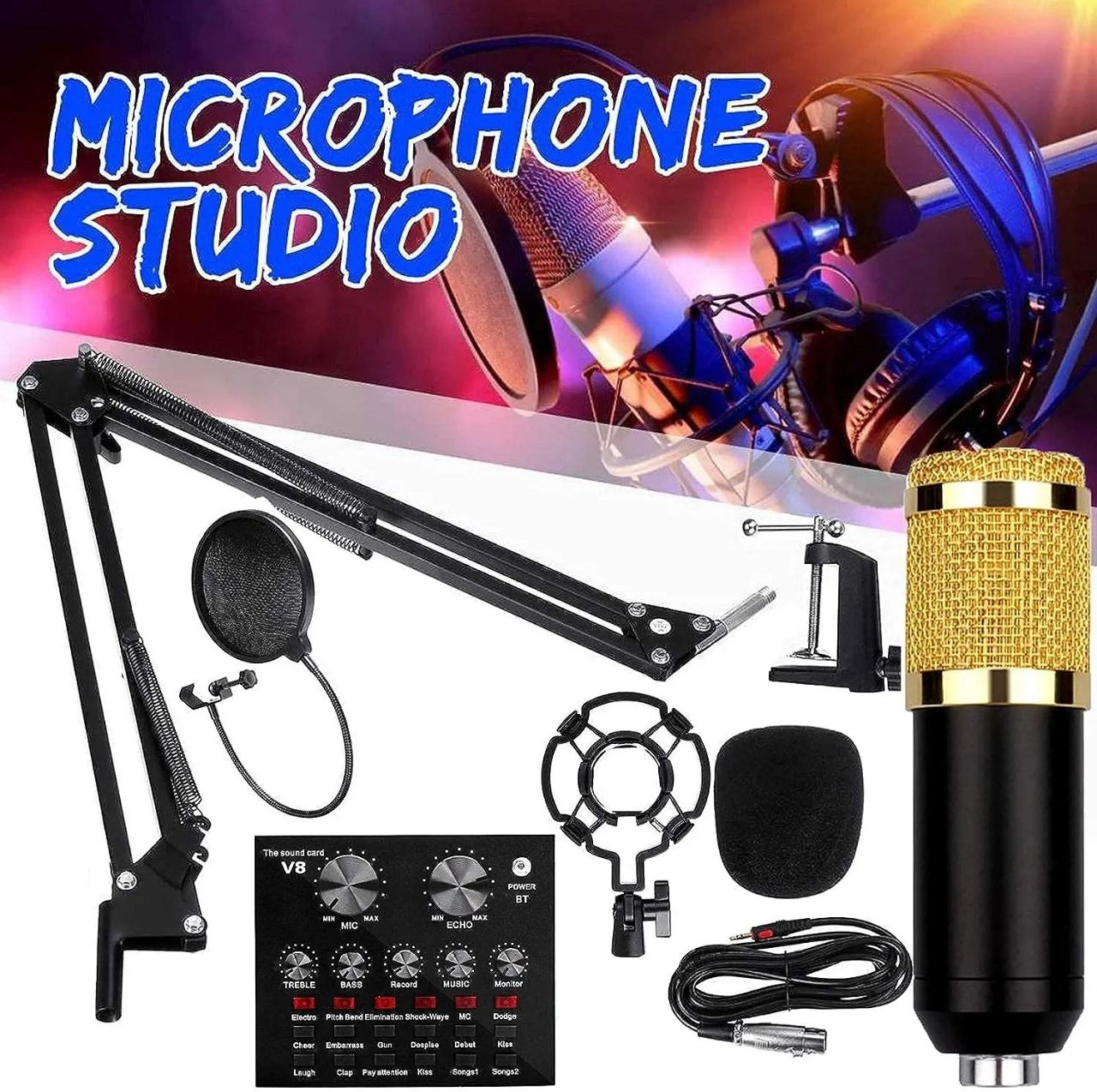 BM800 Podcast Microphone with V8 Sound Card – Studio Quality Condenser Mic for Singing, Recording, Gaming, Streaming, Karaoke & Online Shows