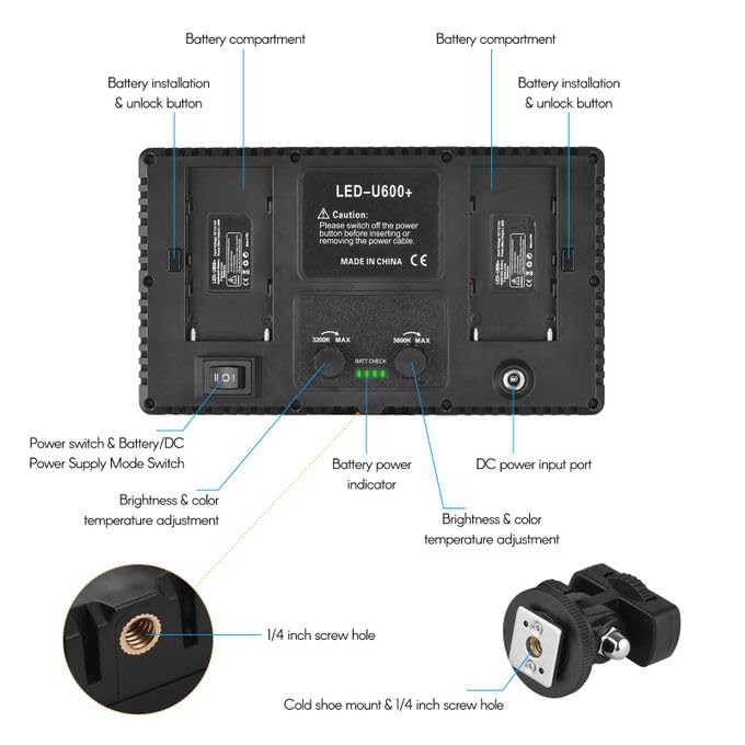 U600 cmaera light With Batteries And Charger 220V LED-U600+ Video LED LIGHT 600 LEDs Video Camera Light Bi-color Temperature Adjustable Photography DSLR