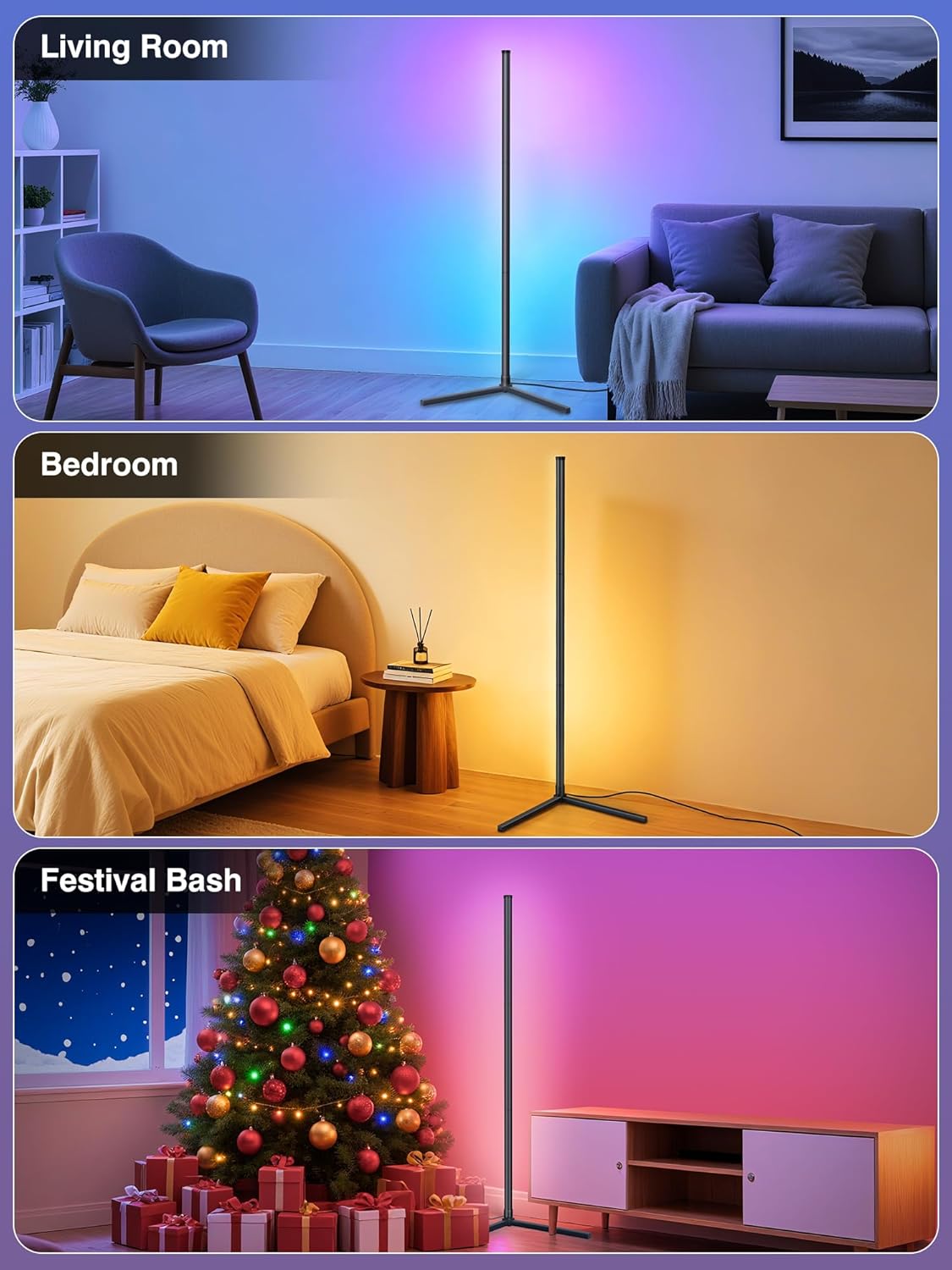RGB Corner Floor Lamp with APP and Remote Control, 16 Million Colors & 68+ Scene Color Changing Ambience Light with Music Sync for Living Room, Bedroom, Gaming Room