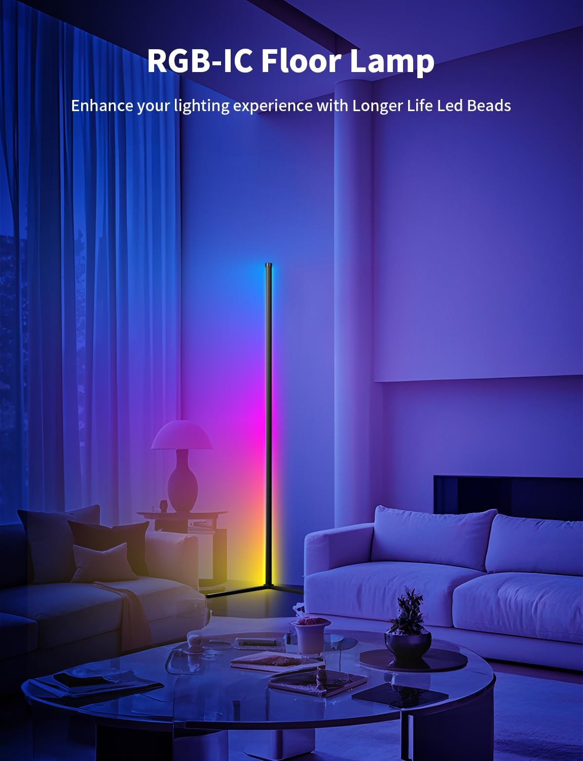 LED RGB Corner Floor Lamp, 159cm RGB-IC Smart Led Light Bar for Living Room, 16 Million Colors, Music Sync and Dimmer Corner Lighting