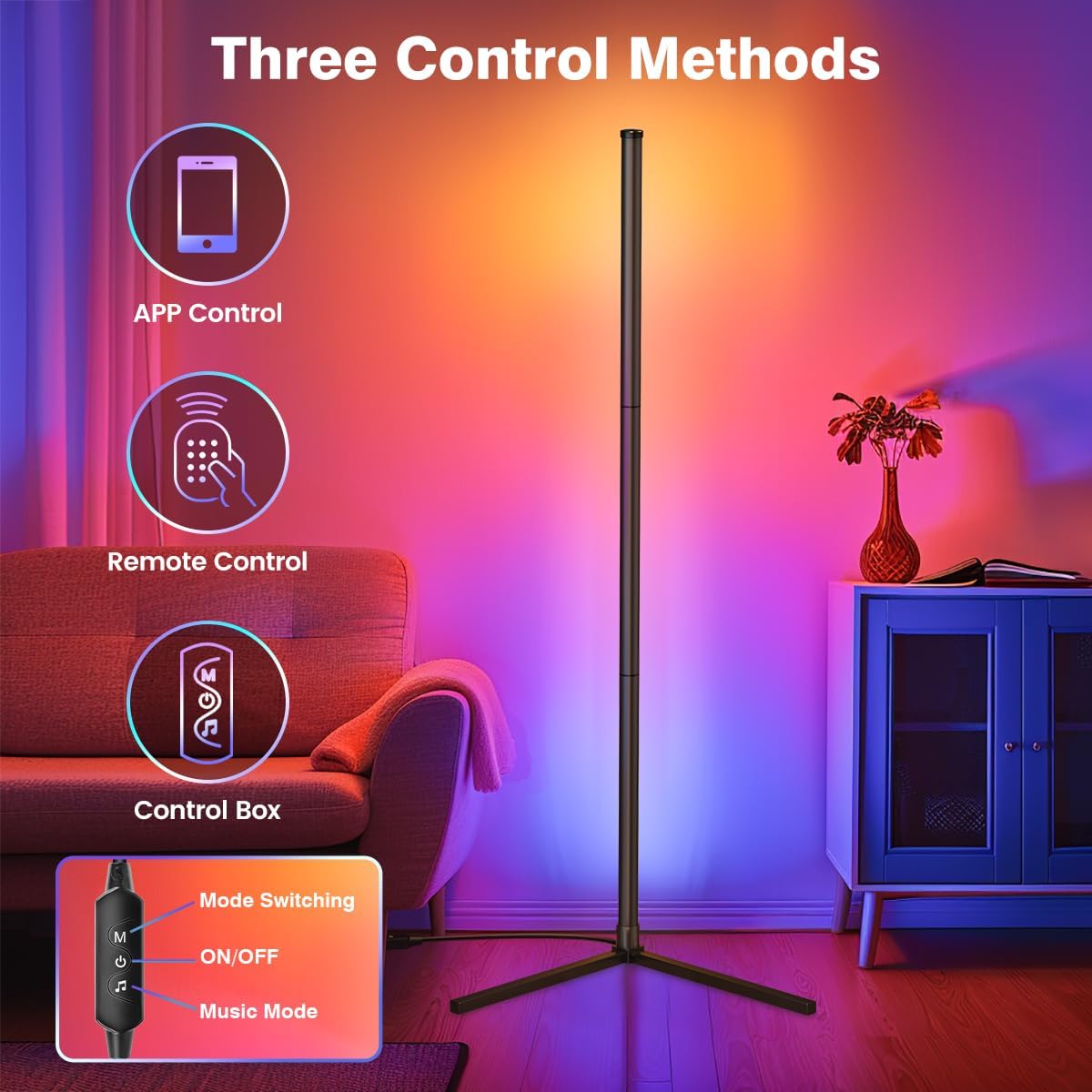 RGB LED Floor Lamp Full Glow 16 Colors Smart Minimalist LED Lamp for Bedroom, Living Room, Office, Corner Lighting, Music Sync, Adjustable Brightness