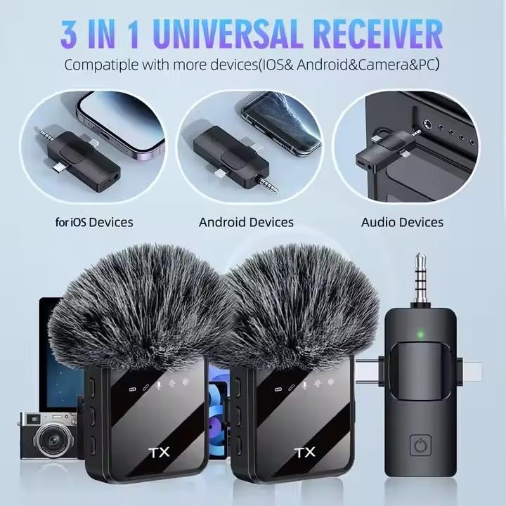 F11-2 3 in 1 Wireless Microphone, Noise Cancellation Wireless Mic for Youtubers, Video Recording, Facebook, Compatible with Type-C Android/iPhone/Cameras/Laptop