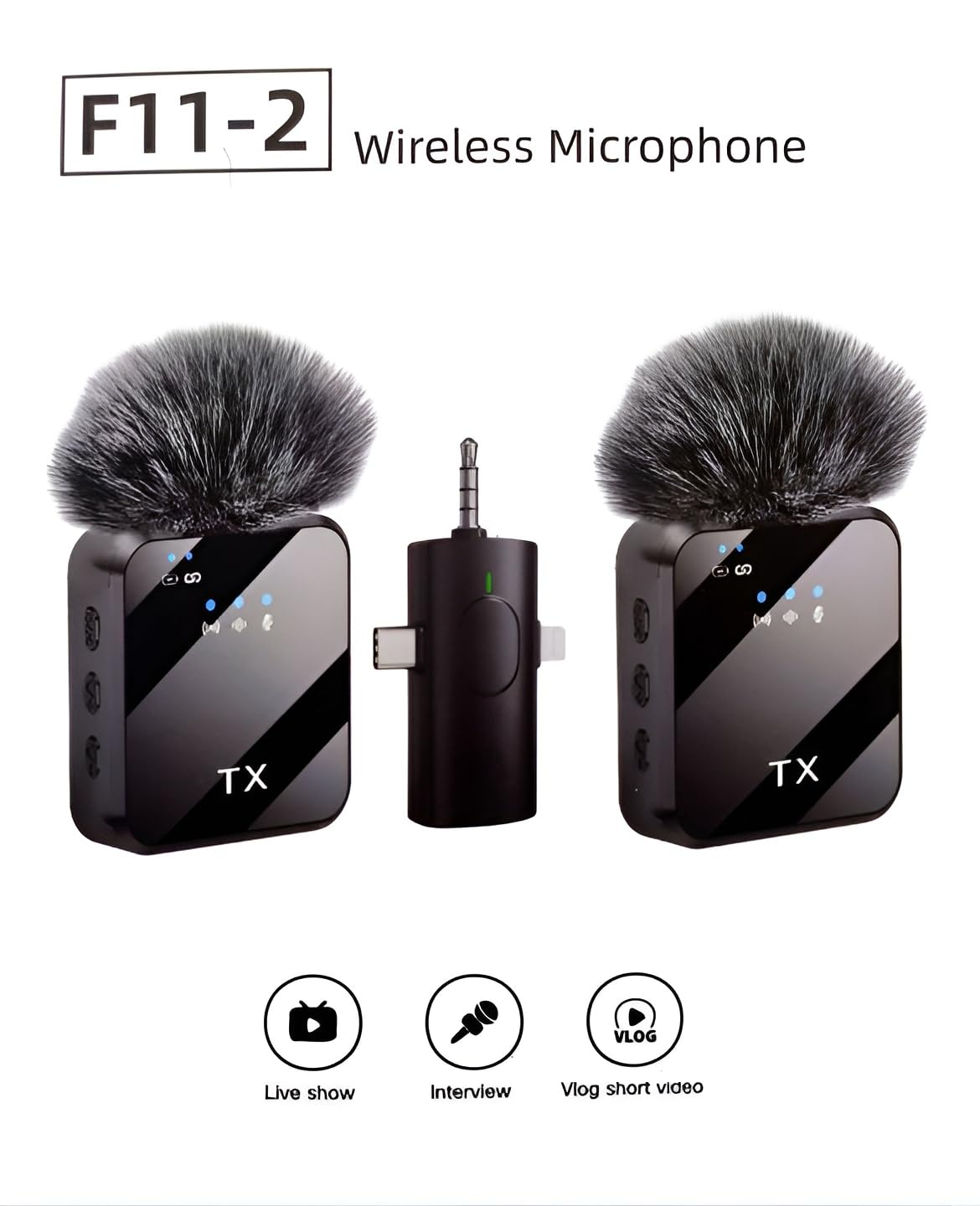 F11-2 3 in 1 Wireless Microphone, Noise Cancellation Wireless Mic for Youtubers, Video Recording, Facebook, Compatible with Type-C Android/iPhone/Cameras/Laptop