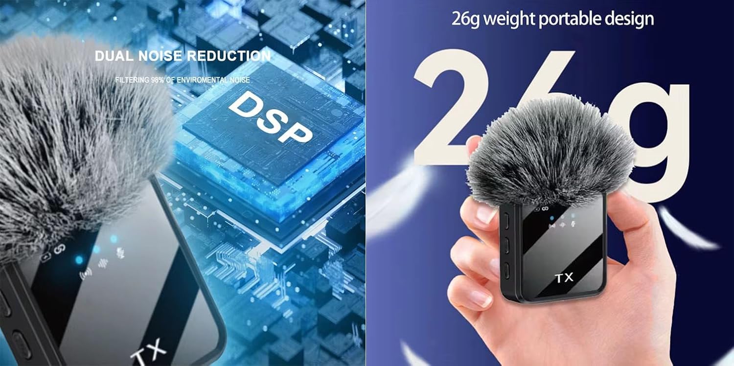 F11-2 3 in 1 Wireless Microphone, Noise Cancellation Wireless Mic for Youtubers, Video Recording, Facebook, Compatible with Type-C Android/iPhone/Cameras/Laptop