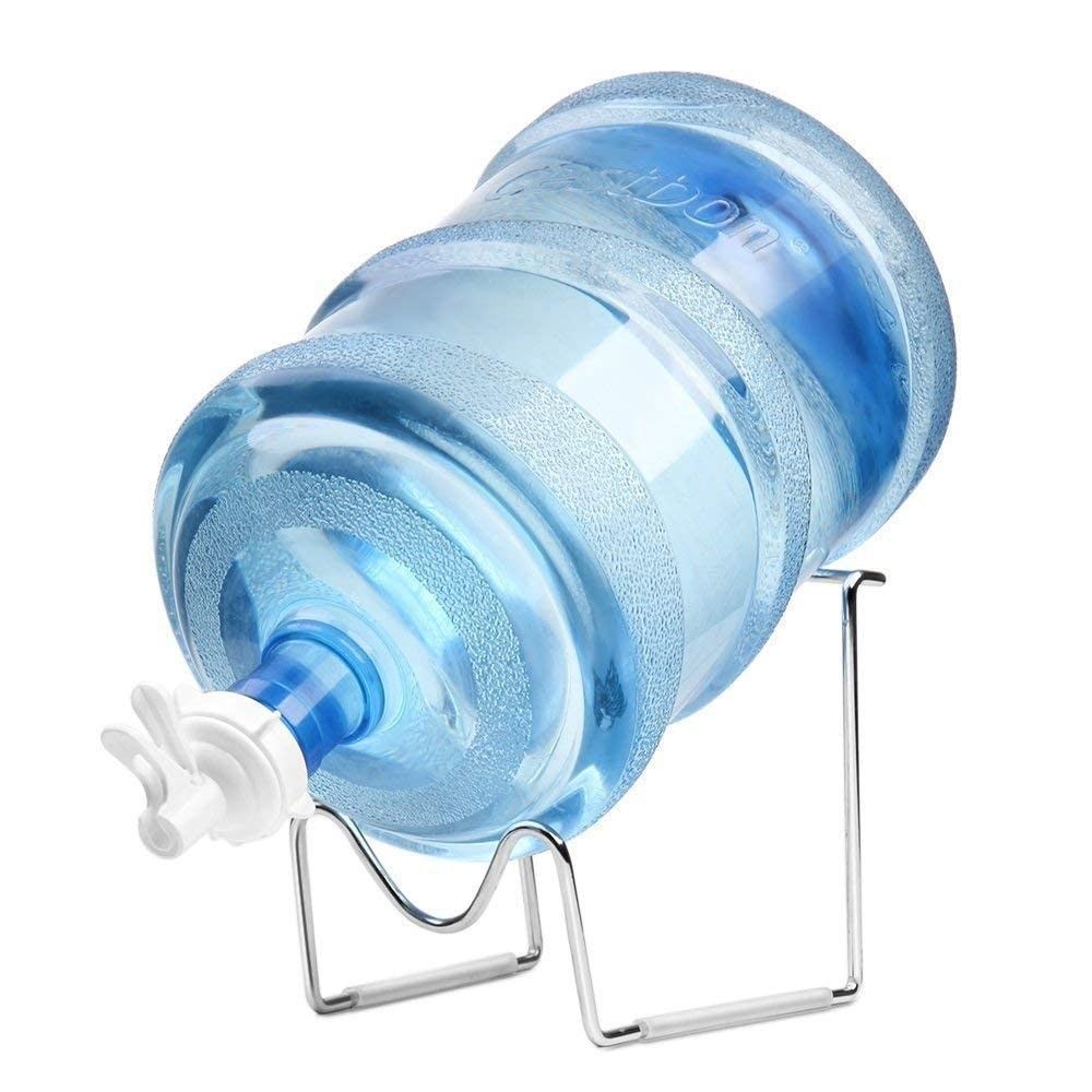 Water Dispensing Spigot Valve and Bottle Holder Set with Stand, Metal Plated Cradle Set with Water Dispenser Valve, Dustproof Plug, Crown Top Water Bottles, for Camping, Counter, Office and Home Use