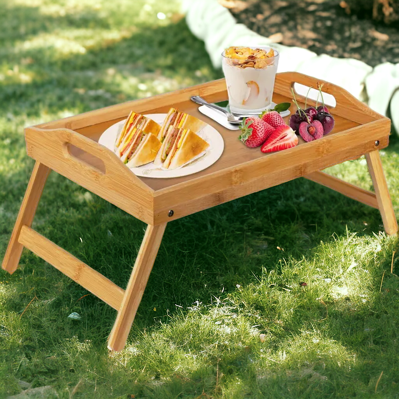 Elegant Laptop Desk Bed Tray Meal Table Foldable Lap Desk Bamboo Breakfast Serving Tray Multi Function Table Multi-Position Adjustable Tilt Surface for Home Hotel Picnic, Indoor and Outdoor Use