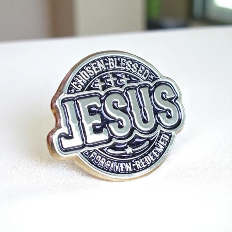 JESUS Christian Faith Lapel Pin Badge – Bold Metallic Design with Cross Accents for Believers - Chosen, Blessed, Forgiven & Redeemed