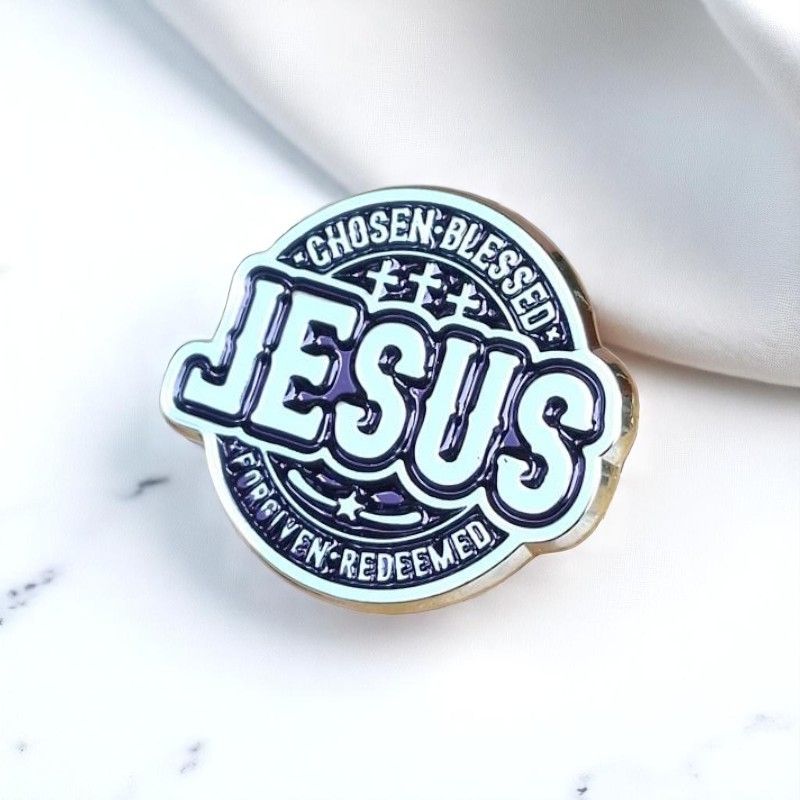 JESUS Christian Faith Lapel Pin Badge – Bold Metallic Design with Cross Accents for Believers - Chosen, Blessed, Forgiven & Redeemed