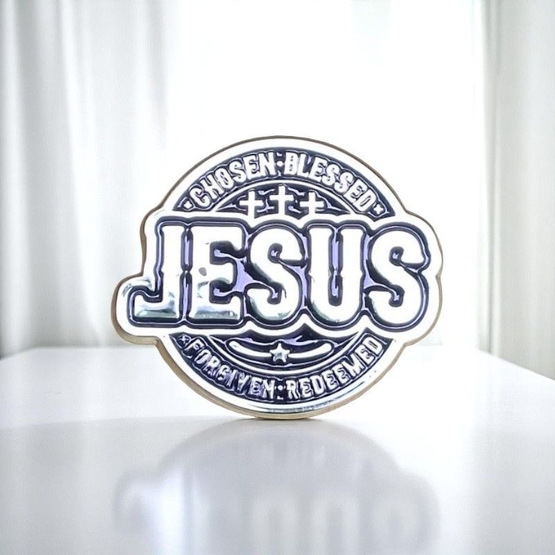 JESUS Christian Faith Lapel Pin Badge – Bold Metallic Design with Cross Accents for Believers - Chosen, Blessed, Forgiven & Redeemed