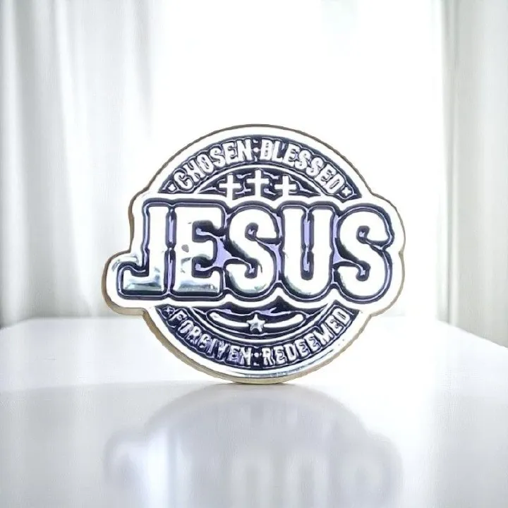 JESUS Christian Faith Lapel Pin Badge – Bold Metallic Design with Cross Accents for Believers - Chosen, Blessed, Forgiven & Redeemed