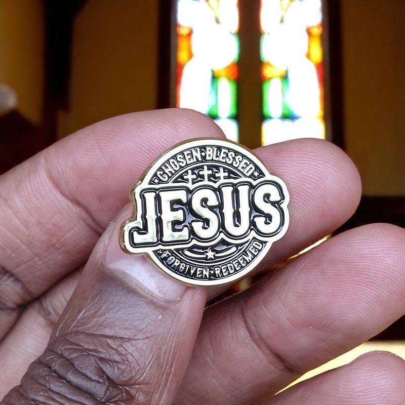 JESUS Christian Faith Lapel Pin Badge – Bold Metallic Design with Cross Accents for Believers - Chosen, Blessed, Forgiven & Redeemed
