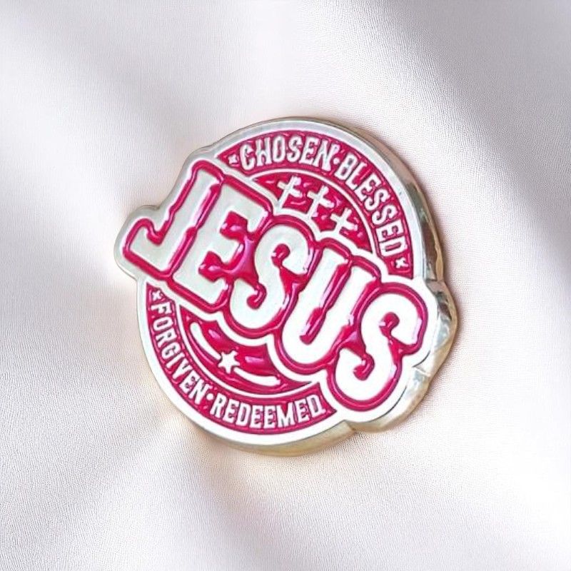 JESUS Christian Faith Lapel Pin Badge – Bold Metallic Design with Cross Accents for Believers - Chosen, Blessed, Forgiven & Redeemed