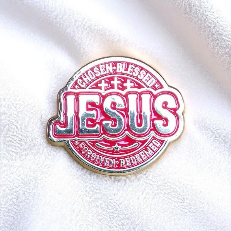 JESUS Christian Faith Lapel Pin Badge – Bold Metallic Design with Cross Accents for Believers - Chosen, Blessed, Forgiven & Redeemed
