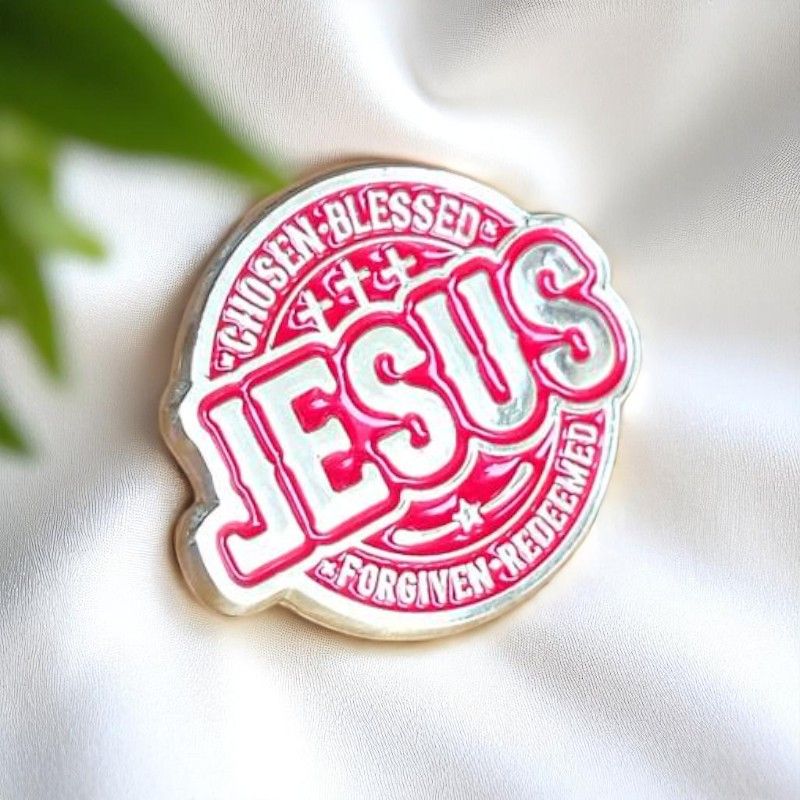 JESUS Christian Faith Lapel Pin Badge – Bold Metallic Design with Cross Accents for Believers - Chosen, Blessed, Forgiven & Redeemed
