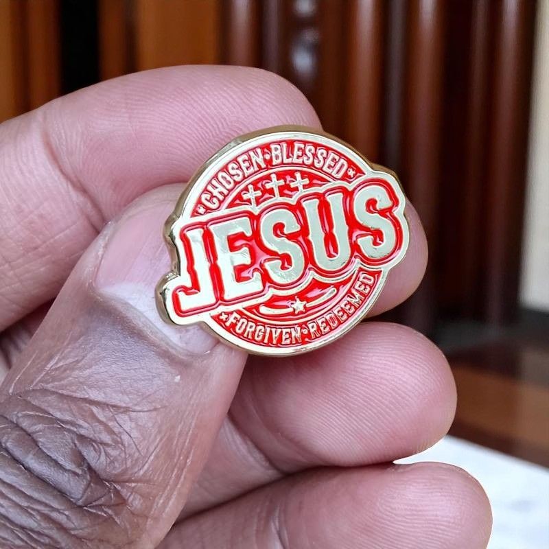 JESUS Christian Faith Lapel Pin Badge – Bold Metallic Design with Cross Accents for Believers - Chosen, Blessed, Forgiven & Redeemed