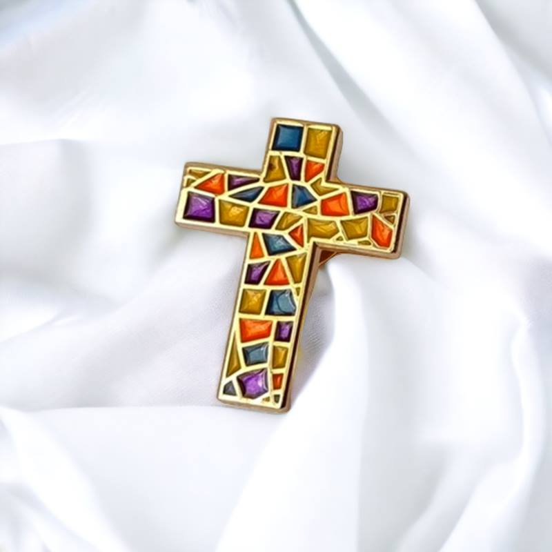 Vibrant Stained Glass Cross Lapel Pin – Multicolor Christian Brooch, Faith-Inspired Religious Badge for Men & Women, Church & Spiritual Gifts