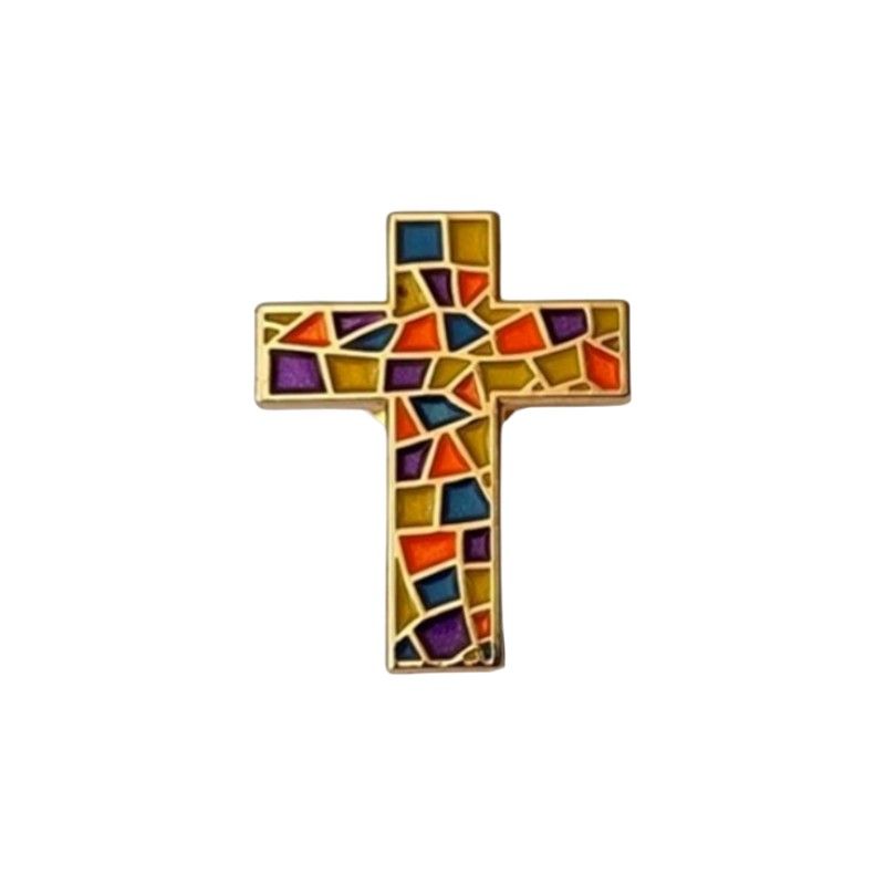 Vibrant Stained Glass Cross Lapel Pin – Multicolor Christian Brooch, Faith-Inspired Religious Badge for Men & Women, Church & Spiritual Gifts