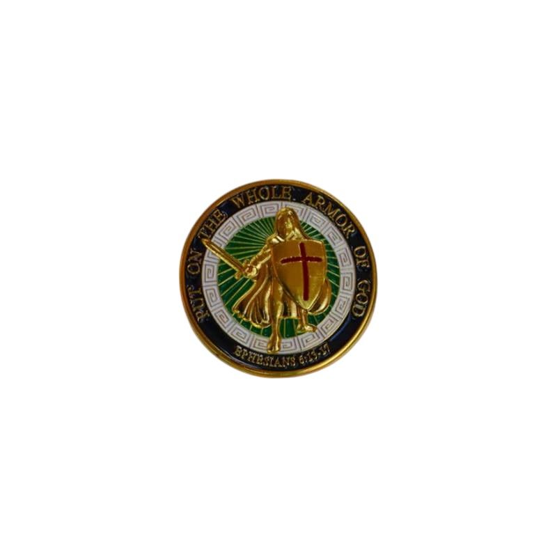 Armor of God Lapel Pin Badge – Gold-Finished Christian Faith Symbol with Ephesians 6:11 Scripture