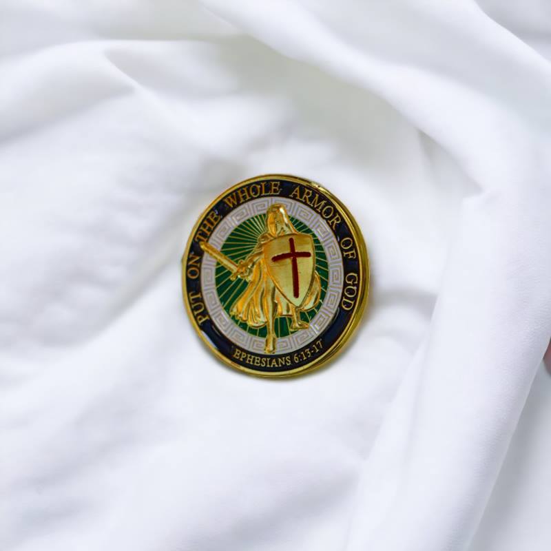 Armor of God Lapel Pin Badge – Gold-Finished Christian Faith Symbol with Ephesians 6:11 Scripture