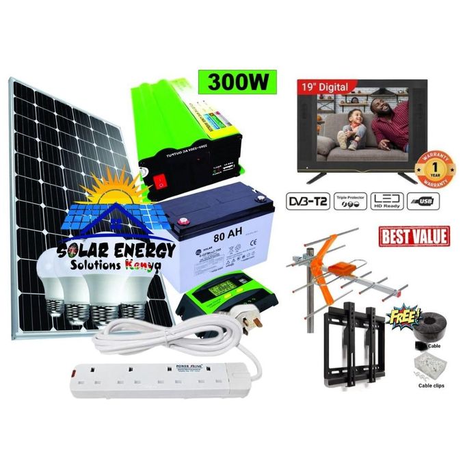 Solarmax 100 W Solar Panel Full Installation Kit 100 W Solar Panel + 80 AH Solar Battery + 300 W Solar Power Inverter + 10 AH Solar Charge Controller +3 DC Bulbs + Free 19 Digital TV + Wall Mount + Ae