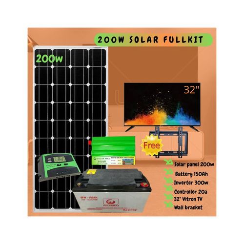 Sunnypex 200 Watts Solar Panel Full Kit+150 Ah Solar Battery + 300W Solar Power Inverter + 20Ah Solar Charge Controller + 32 Inch TV + Wall Bracket
