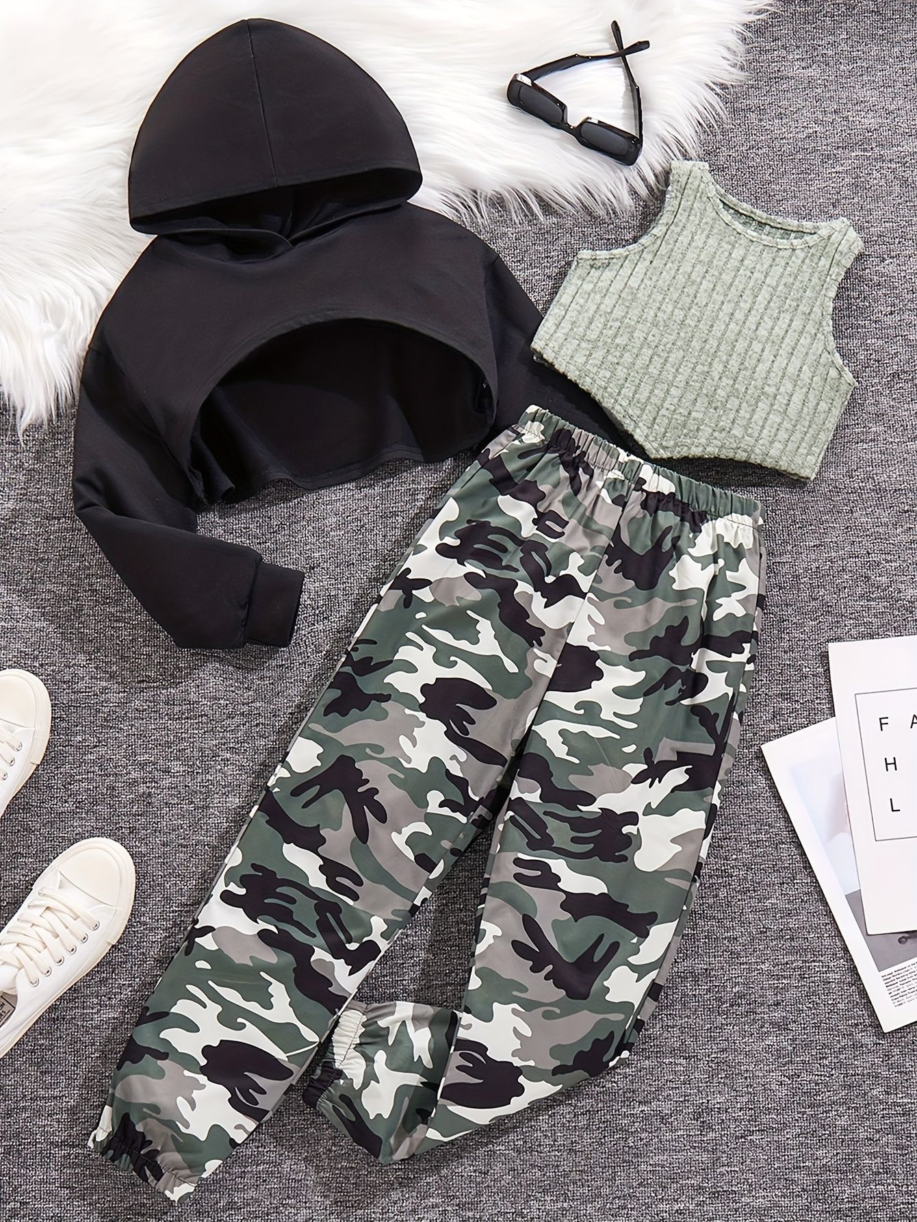 3PC set, Girls' Sweet Casual Knit Hooded Sweatshirt With Sleeveless Vest And Camouflage Drawstring Pants