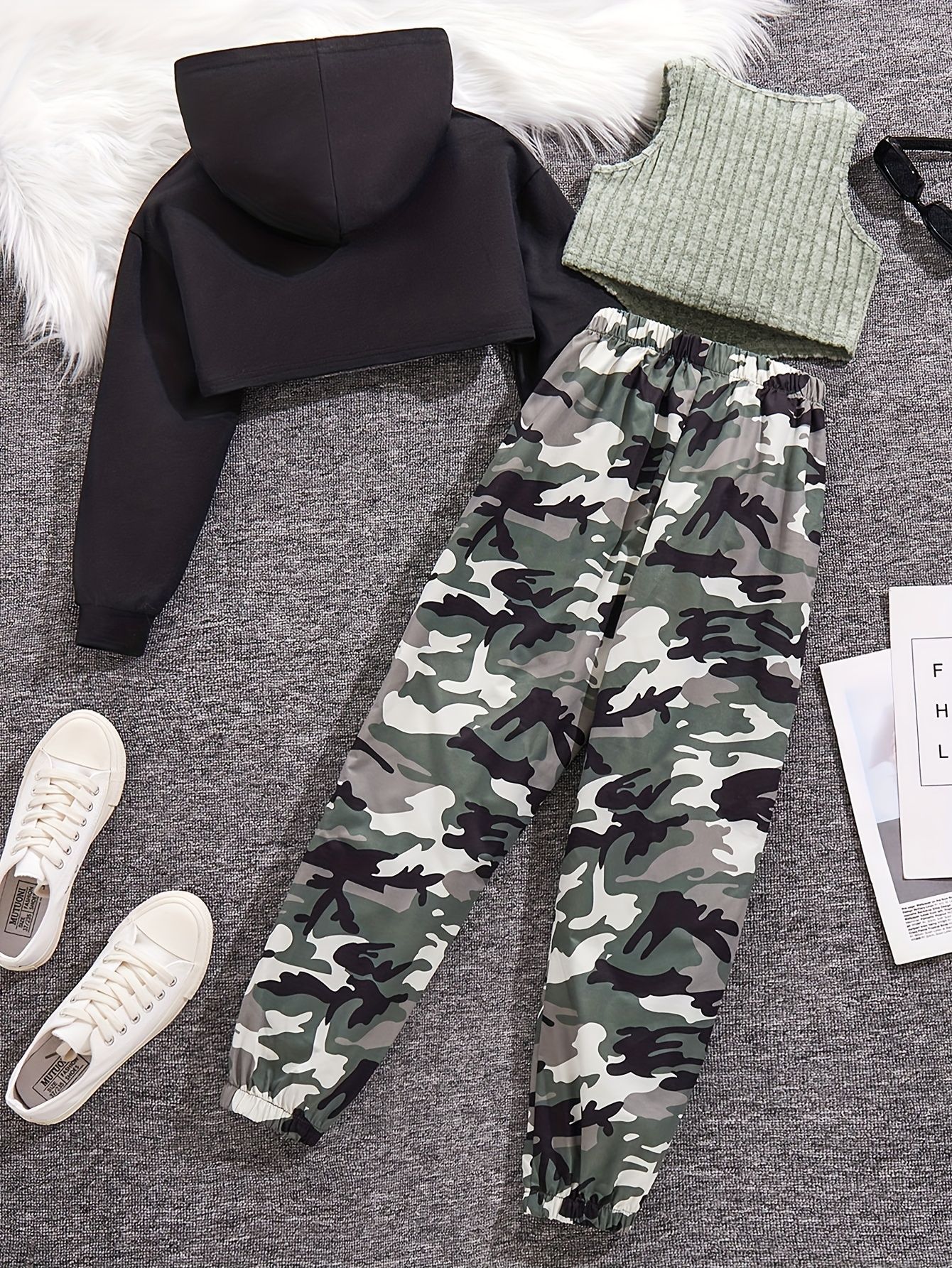 3PC set, Girls' Sweet Casual Knit Hooded Sweatshirt With Sleeveless Vest And Camouflage Drawstring Pants