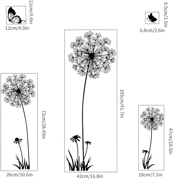 2 Set Dandelion Wall Decals Flower Stickers Murals Butterflies Wall Decor for Bedroom Office Bathroom Living Room Floral Wall Decals Removable Wall Art Decoration Peel and Stick Room Wall Decor