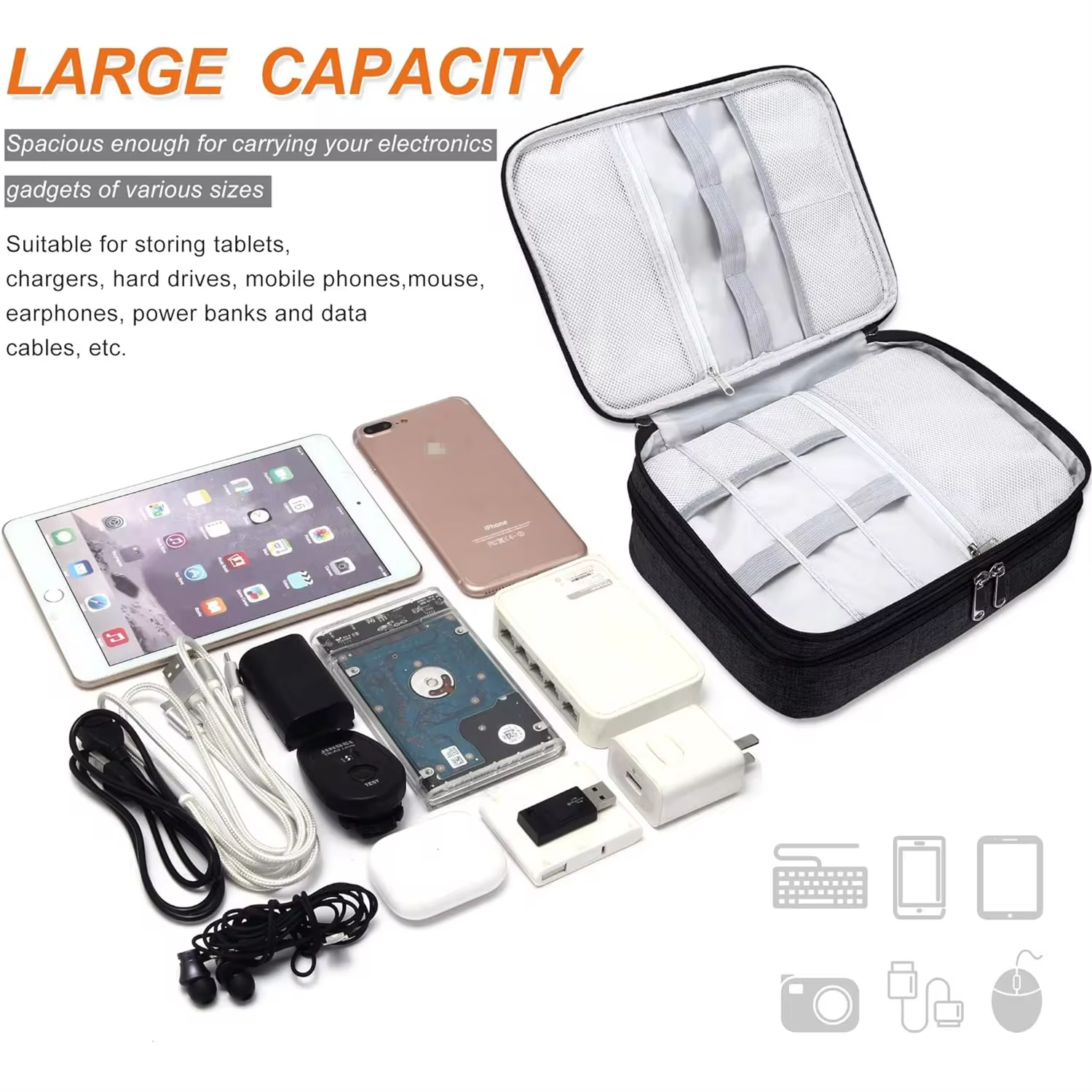 Digital Product Storage Bag Cable Storage Bag Three Layer Large Capacity Waterproof Digital Electronic Accessories Organizer Portable Travel Cable Organizer Case for cable Charger Portable Home Electr