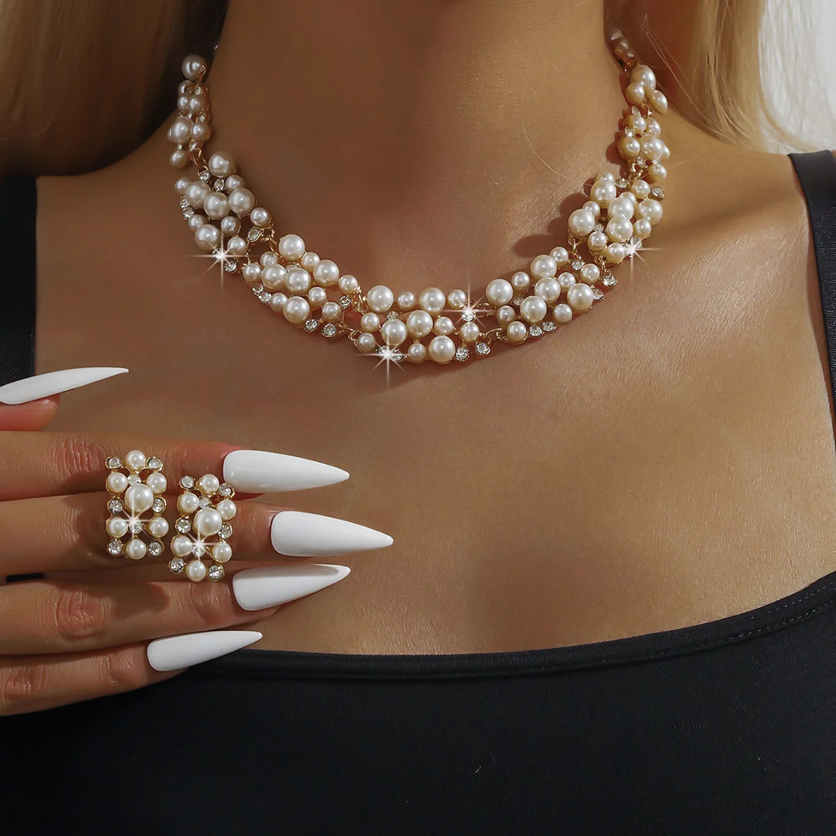 2pcs  Ladies Pendant Necklaces Collarbone Choker Chain Fashionable Pearl Women's Earrings, Necklaces, Jewelry sets, Clothing Matching Wedding Bridal Bridesmaid Fashion Accessories