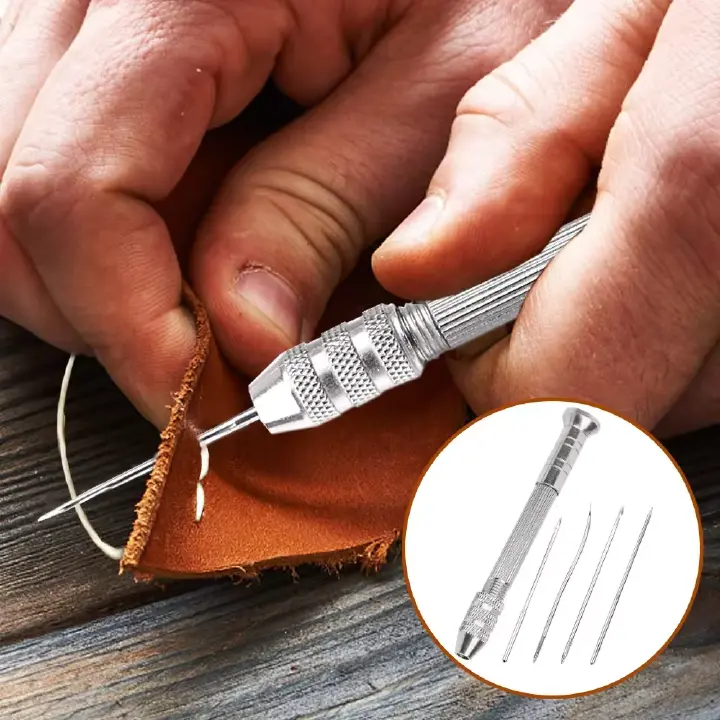 5Pcs/set Leather Sewing Kit Replaceable Needle with Awl Handle Set DIY Leathercraft Shoes Repair Tools Punch Stitching Needles