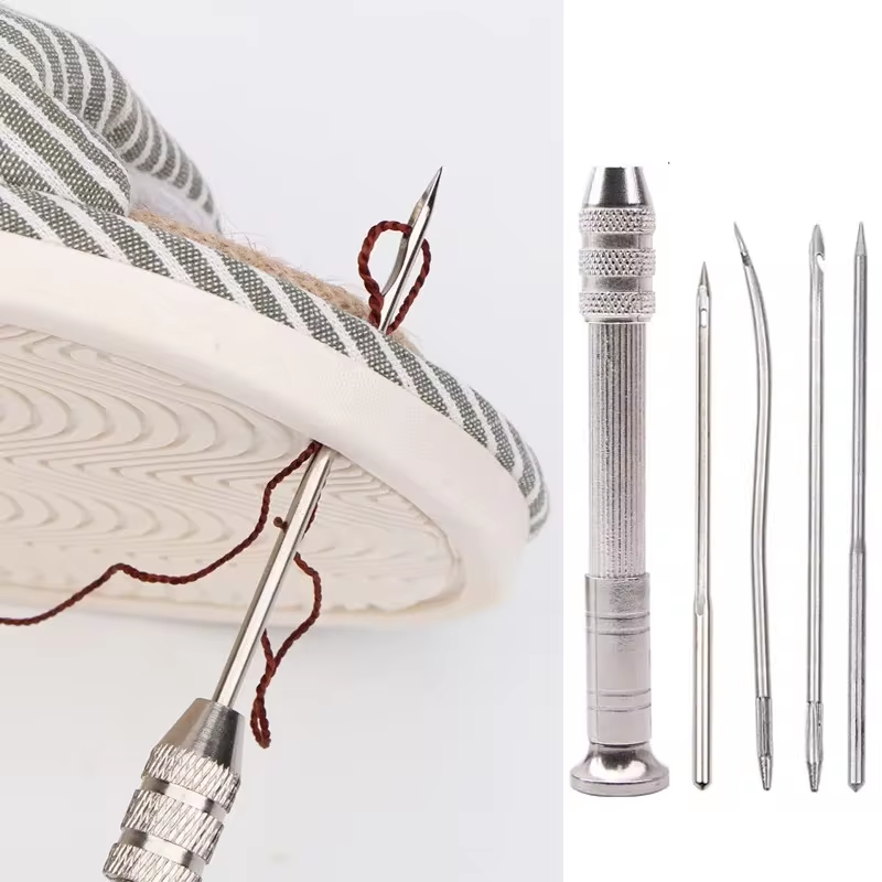 5Pcs/set Leather Sewing Kit Replaceable Needle with Awl Handle Set DIY Leathercraft Shoes Repair Tools Punch Stitching Needles