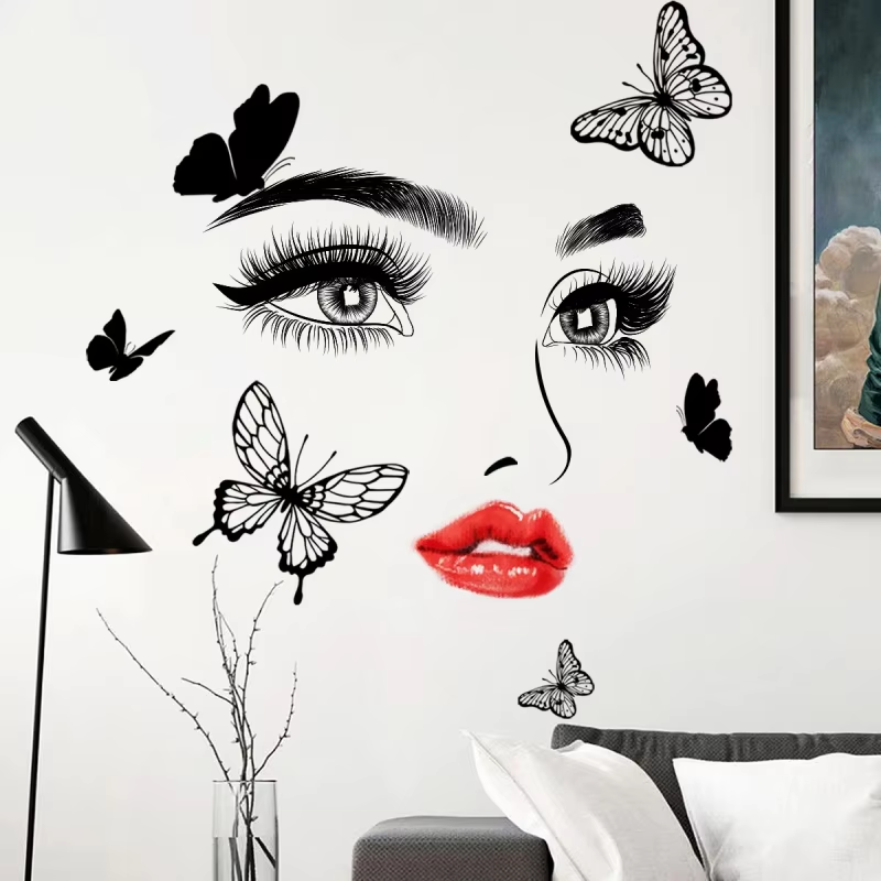 Wall Sticker Woman Red Lips Eyes Butterfly Wall Sticker Background Wall Room Decoration Wall Sticker Self Adhesive Wall Sticker Home Decor
