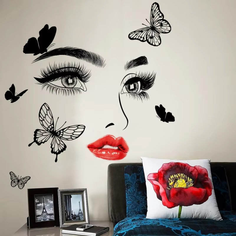 Wall Sticker Woman Red Lips Eyes Butterfly Wall Sticker Background Wall Room Decoration Wall Sticker Self Adhesive Wall Sticker Home Decor