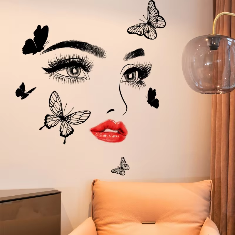 Wall Sticker Woman Red Lips Eyes Butterfly Wall Sticker Background Wall Room Decoration Wall Sticker Self Adhesive Wall Sticker Home Decor