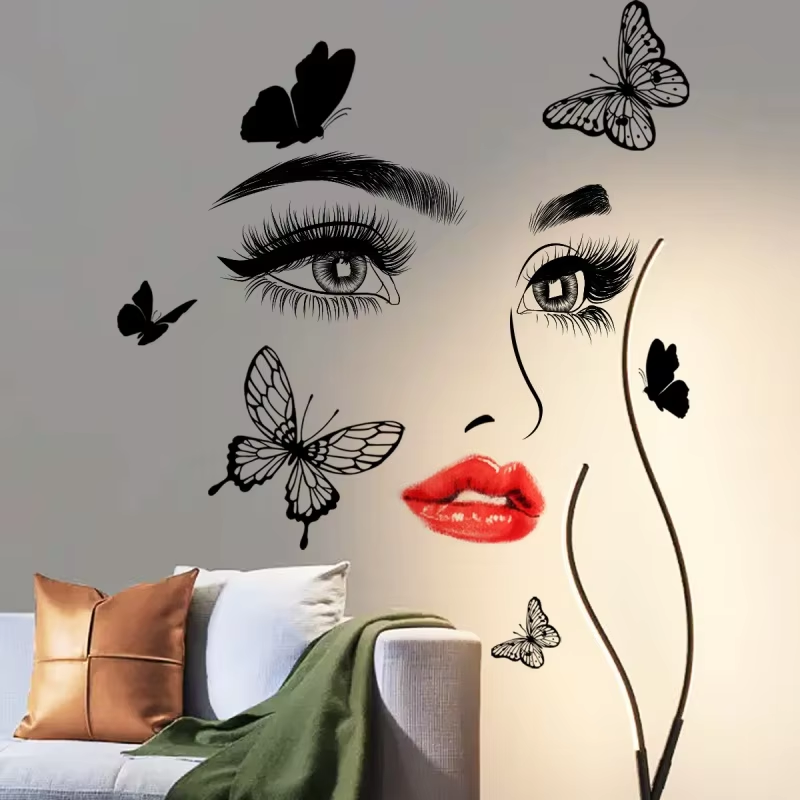 Wall Sticker Woman Red Lips Eyes Butterfly Wall Sticker Background Wall Room Decoration Wall Sticker Self Adhesive Wall Sticker Home Decor