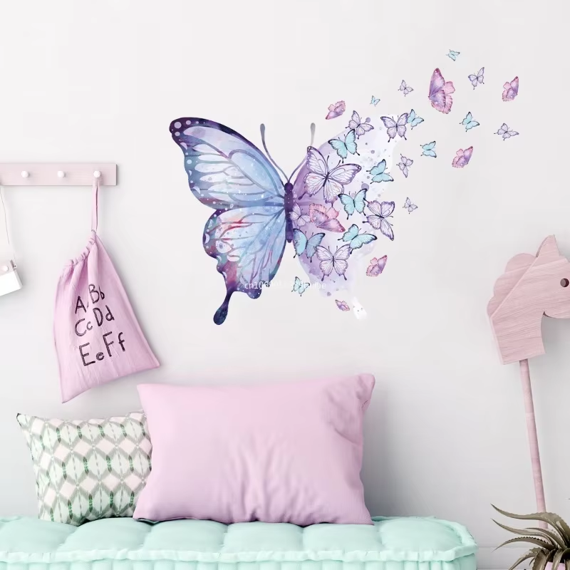 Cartoon Purple Butterfly Group Wall Stickers Decoration for Kids Room Bedroom Nursery Home Decoration Wall Decor Girls Room Aesthetic PVC Mural Stickers