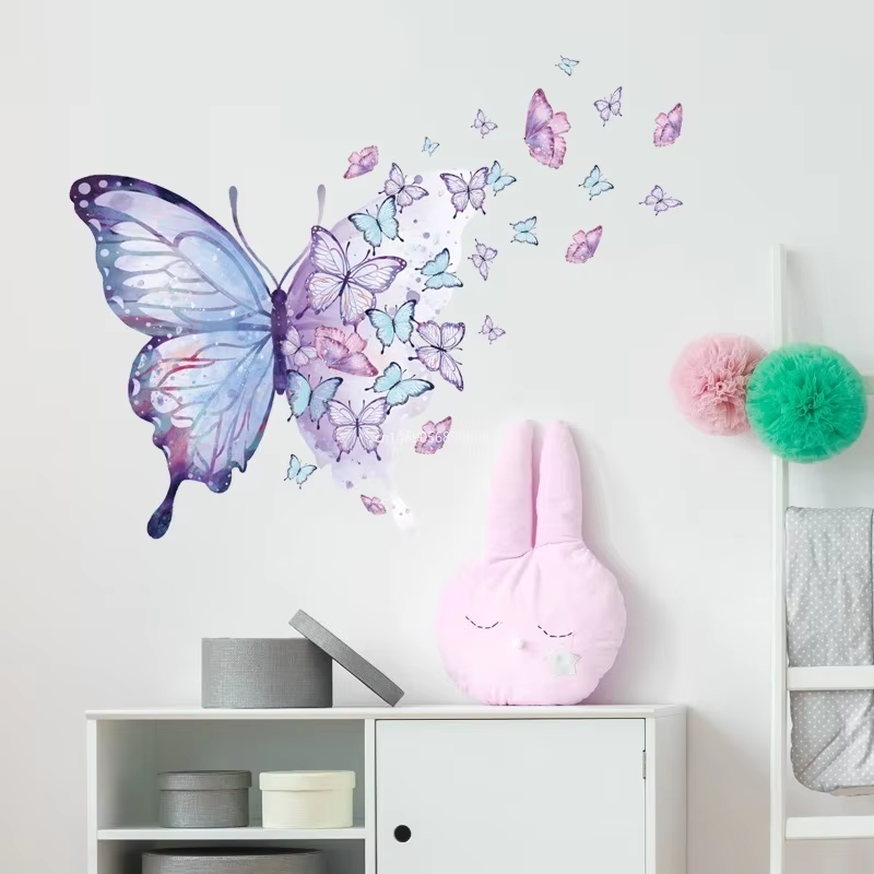 Cartoon Purple Butterfly Group Wall Stickers Decoration for Kids Room Bedroom Nursery Home Decoration Wall Decor Girls Room Aesthetic PVC Mural Stickers