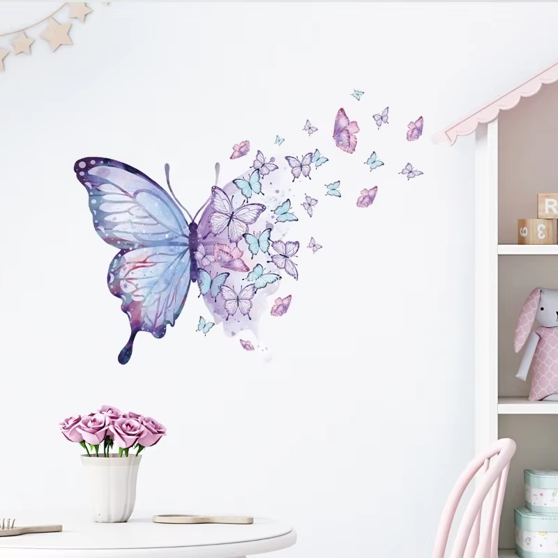 Cartoon Purple Butterfly Group Wall Stickers Decoration for Kids Room Bedroom Nursery Home Decoration Wall Decor Girls Room Aesthetic PVC Mural Stickers