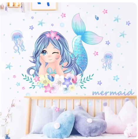 Cartoon Jellyfish Mermaid Wall Stickers for Kids Room Decor Background Girls Bedroom Living Room Home Decoration Wall Decal Glow