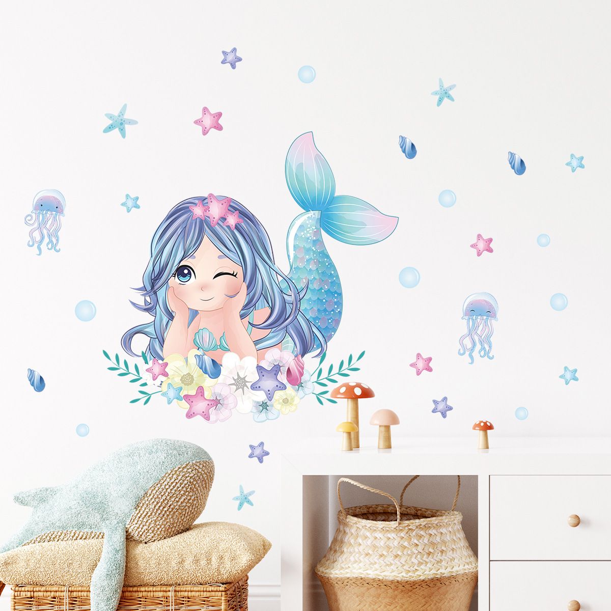 Cartoon Jellyfish Mermaid Wall Stickers for Kids Room Decor Background Girls Bedroom Living Room Home Decoration Wall Decal Glow